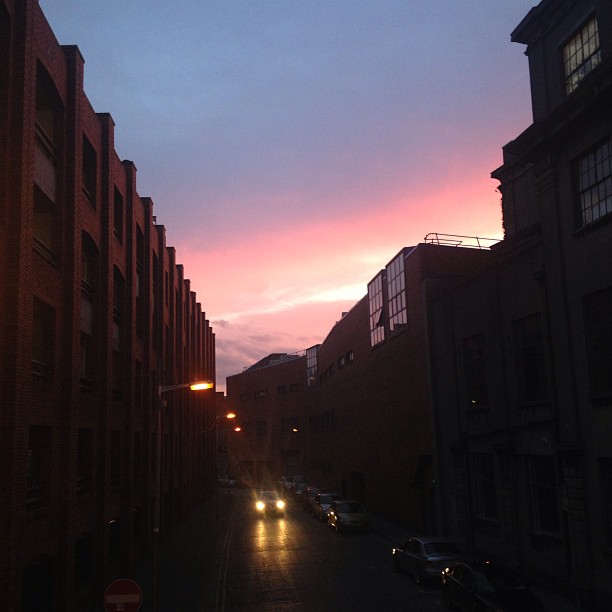 Pink sky over Loftus Lane